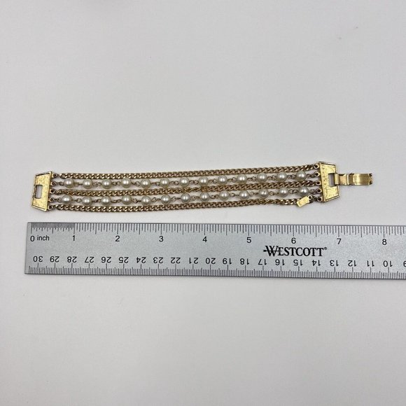Vintage Act 2 Gold Tone Faux Pearl Multi Strand Bracelet - Picture 8 of 8